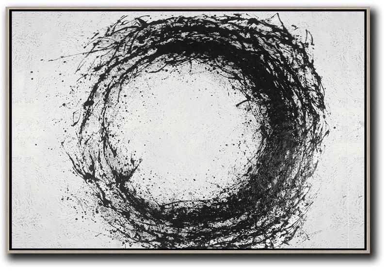 Artwork For Sale,Oversized Horizontal Minimalist Drip Painting On Canvas, Black And White - Textured Painting Canvas Art